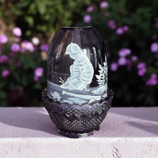 Fenton amethyst purple fairy lamp with hand-painted Baseball Boy Mary Gregory design