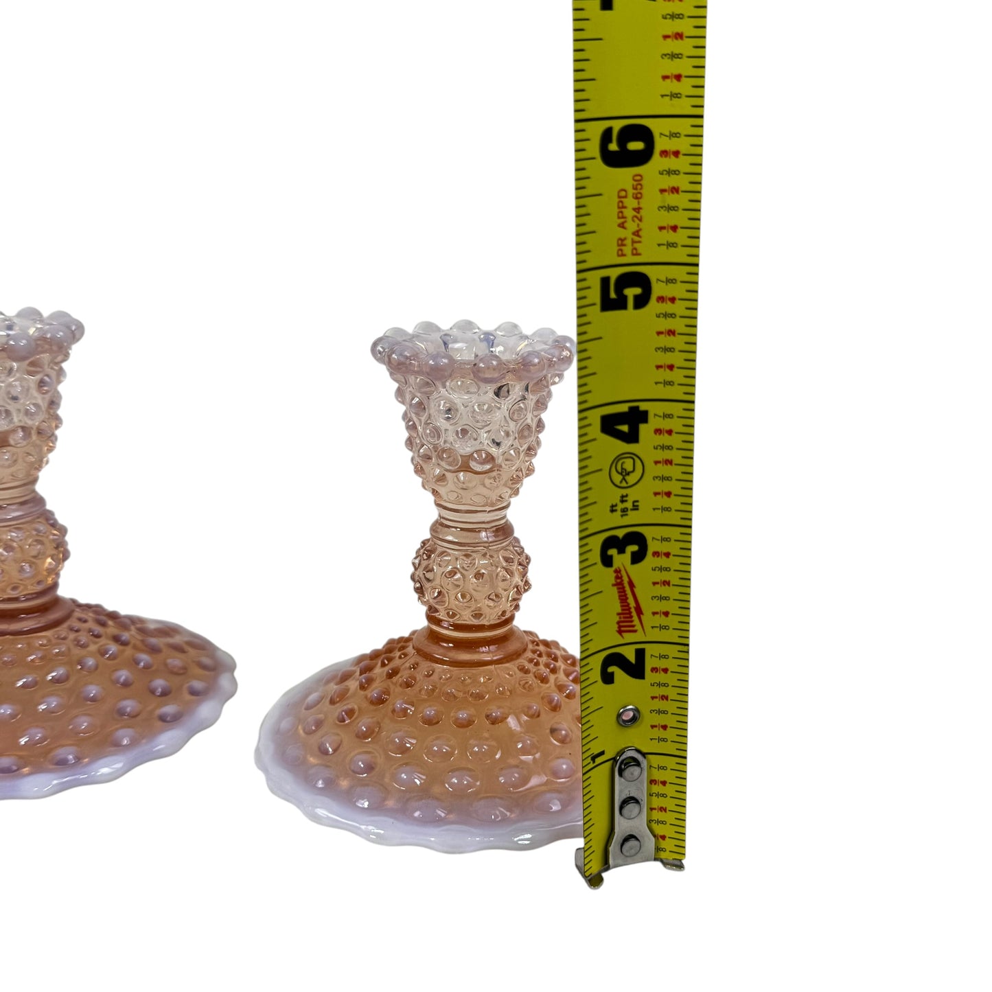 Duncan Miller Pink Opalescent Hobnail Candlestick Holder Set