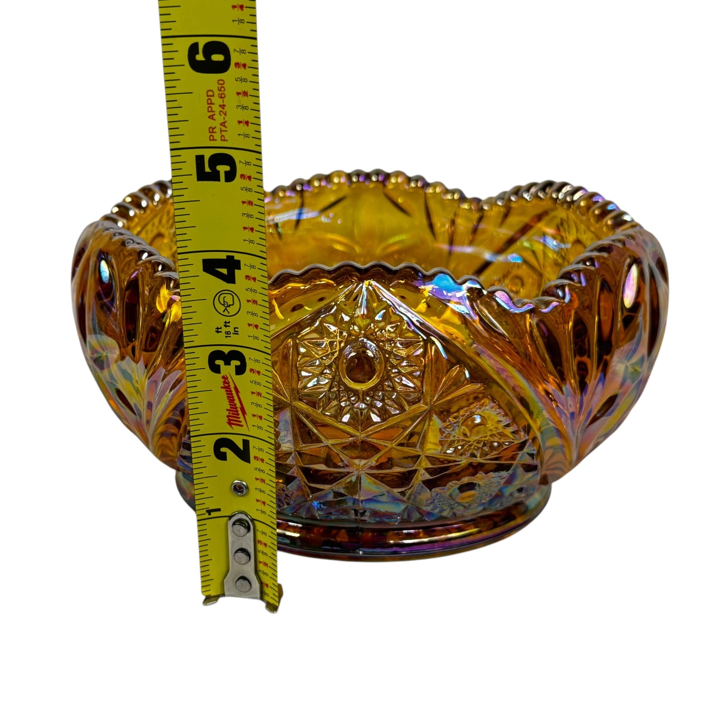 Hobstar and Daisy carnival glass bowl with rainbow iridescence