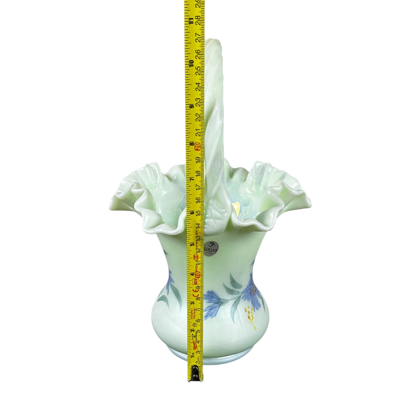 Vintage Fenton Victorian Bouquet Sea Green Satin Glass Basket – Hand Painted Floral Art Glass Collectible