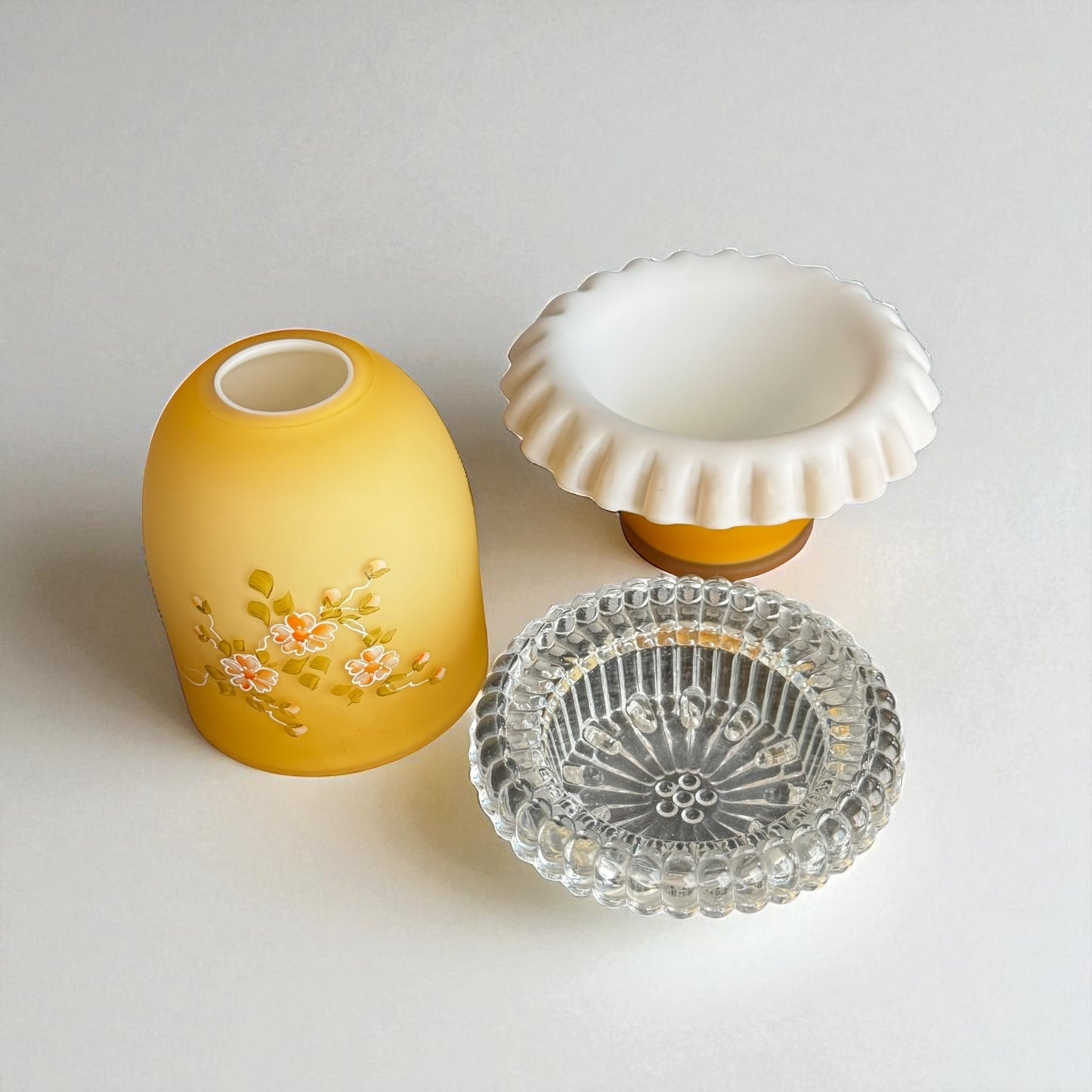 Fenton Art Glass Floral Yellow Cased Fairy Lamp 3-Piece Candle Holder