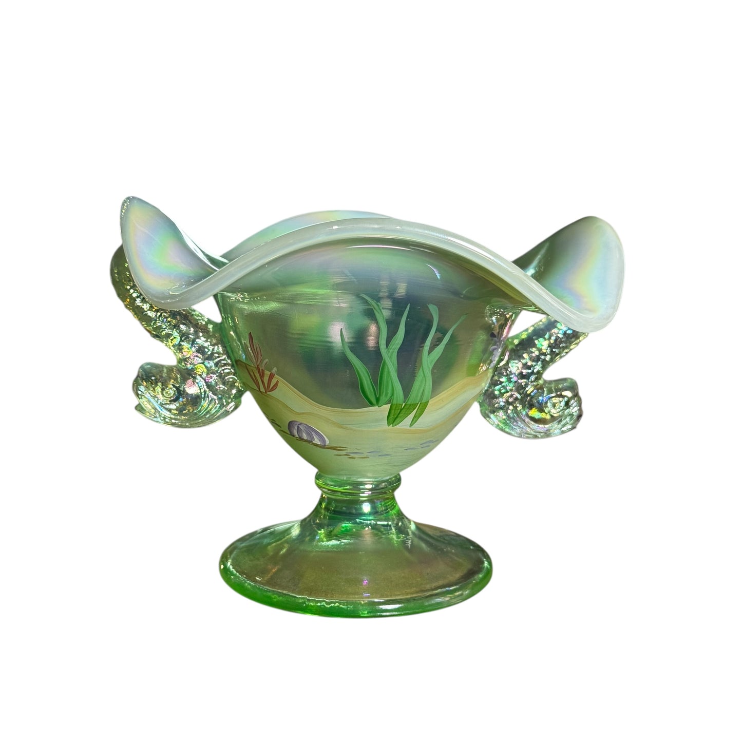 Hand-painted angelfish scene on vintage Fenton glass bowl