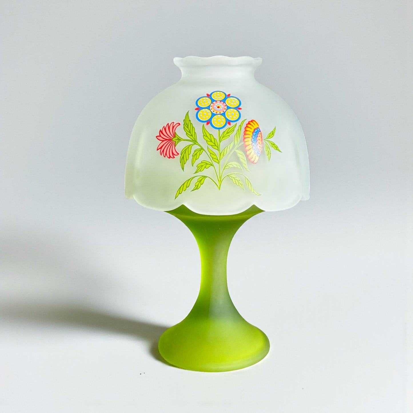 Westmoreland satin green frosted glass fairy lamp with hand painted floral design