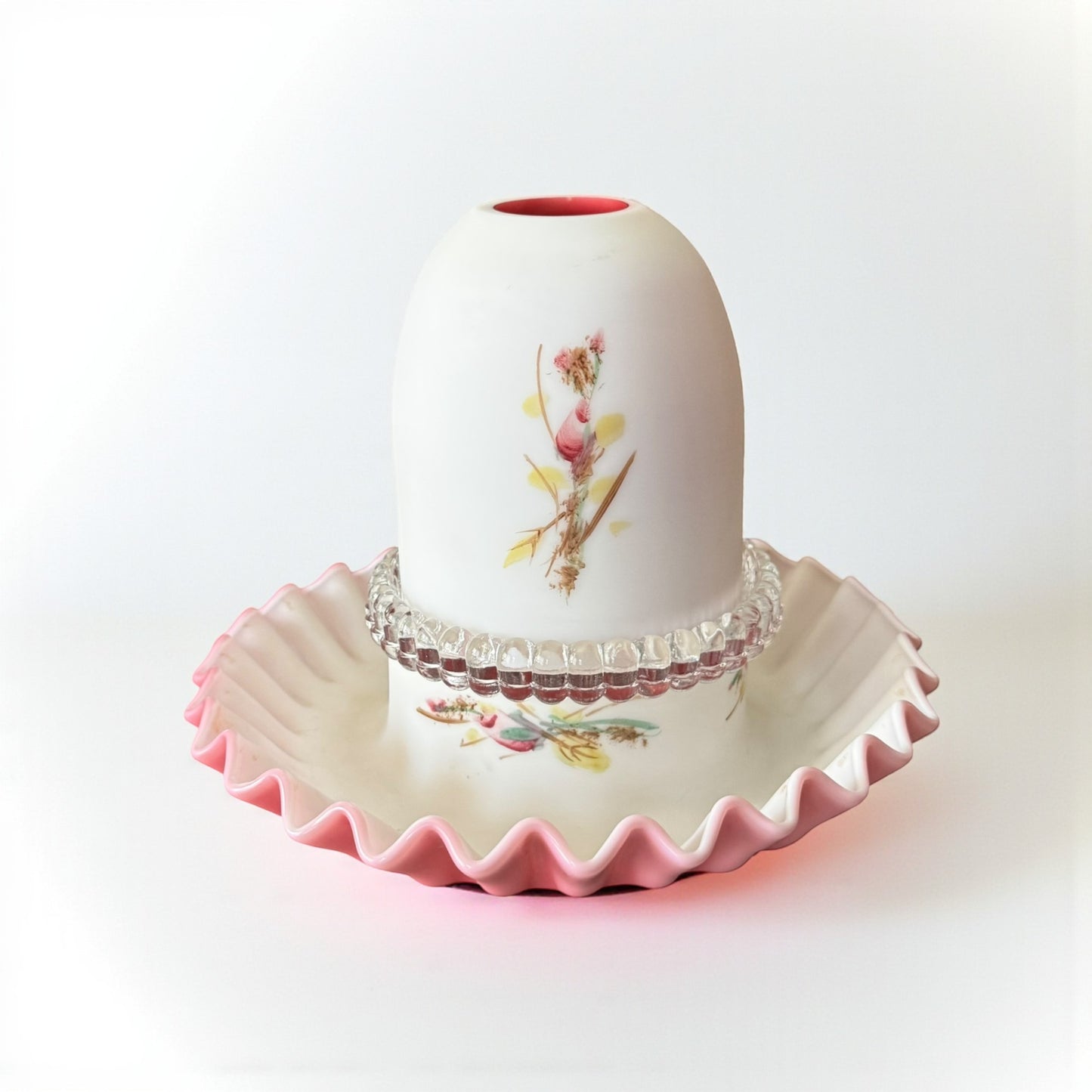 Fenton Mossy Rose 3-piece satin frosted cranberry pink fairy lamp with floral painting