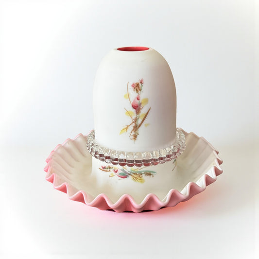 Fenton Mossy Rose 3-piece satin frosted cranberry pink fairy lamp with floral painting