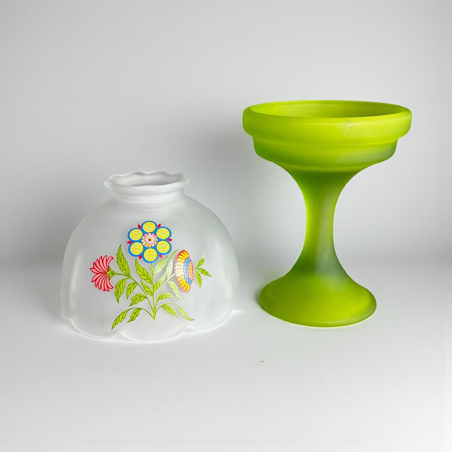 Top and bottom of Westmoreland satin green frosted glass fairy lamp with hand painted floral design