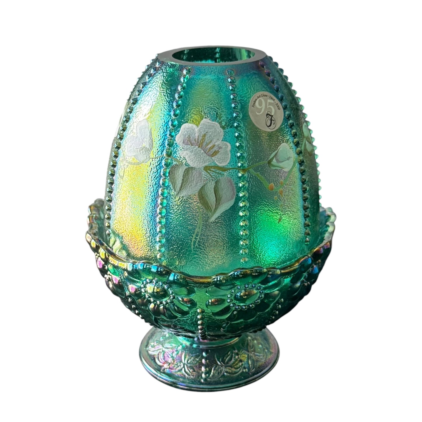 Two-piece Fenton fairy light featuring raised bead pattern and painted lilies