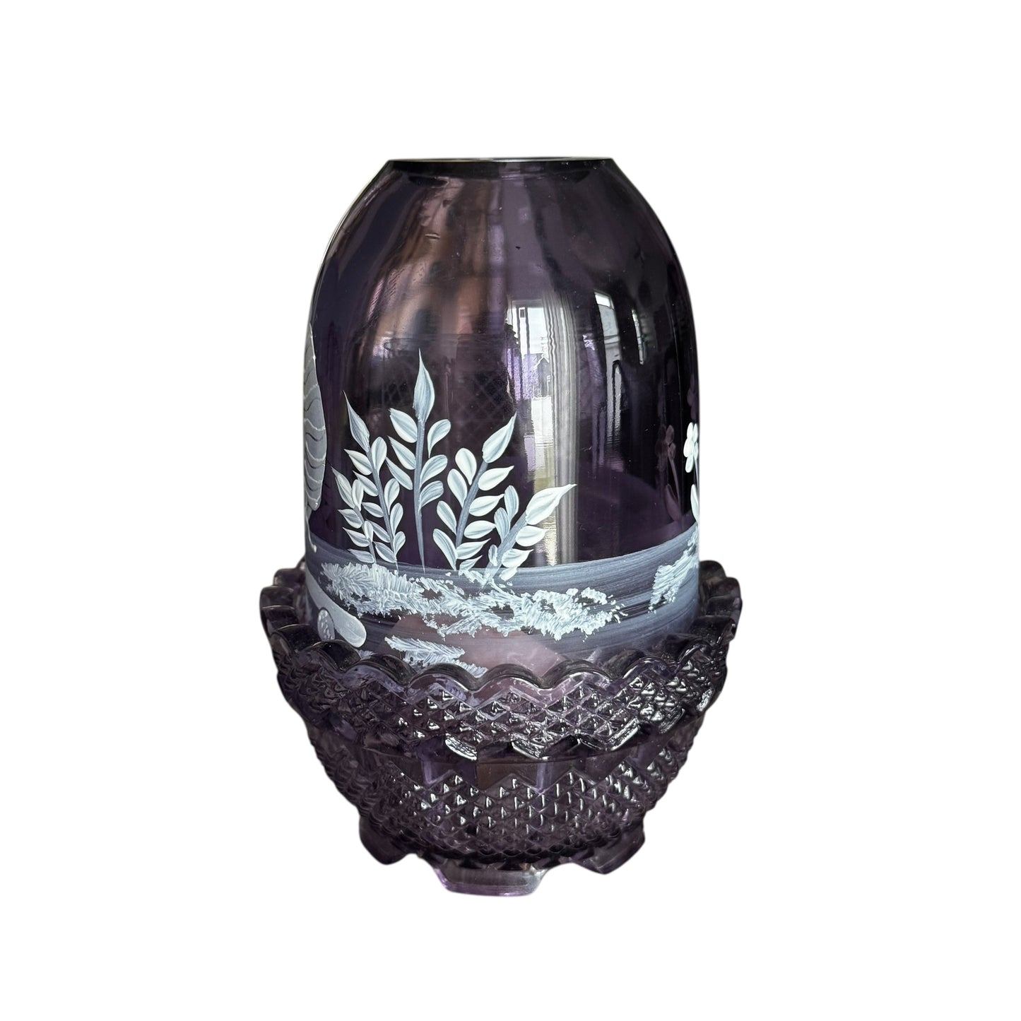 Amethyst glass fairy lamp signed by Mary Gregory with ruffled base