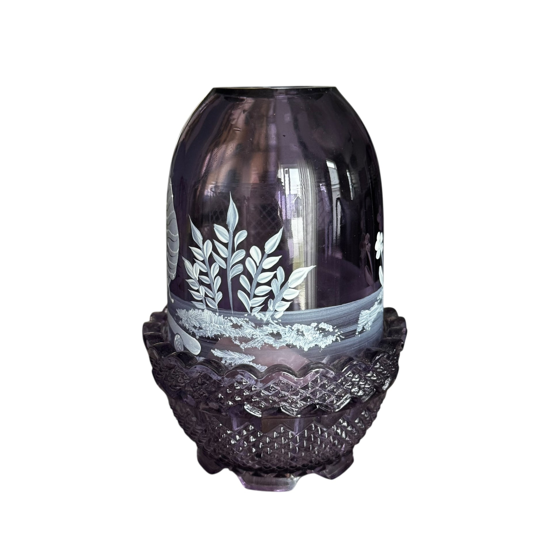 Amethyst glass fairy lamp signed by Mary Gregory with ruffled base