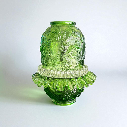 L.G. Wright Fenton Embossed Green Roses Fairy Lamp 3-Piece Vintage Candle Holder