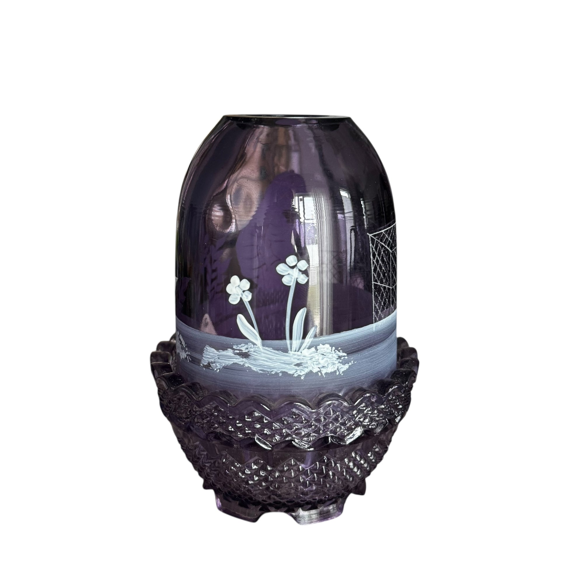 Fenton purple fairy lamp showing detailed hand-painted Baseball Boy design