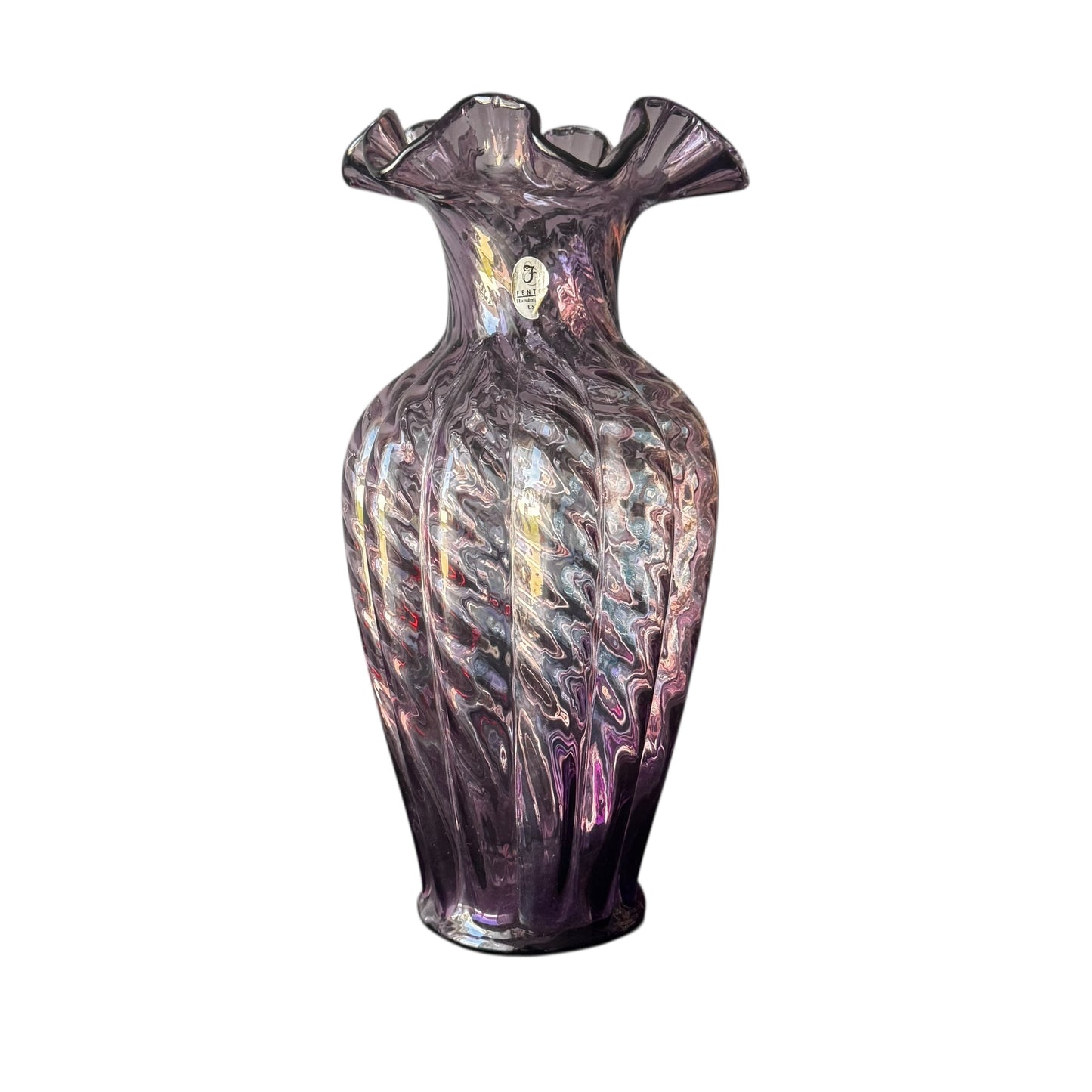 Fenton 10″ Plum Swirl Hand-blown Glass Vase – Vintage Ruffled Rim Collectible