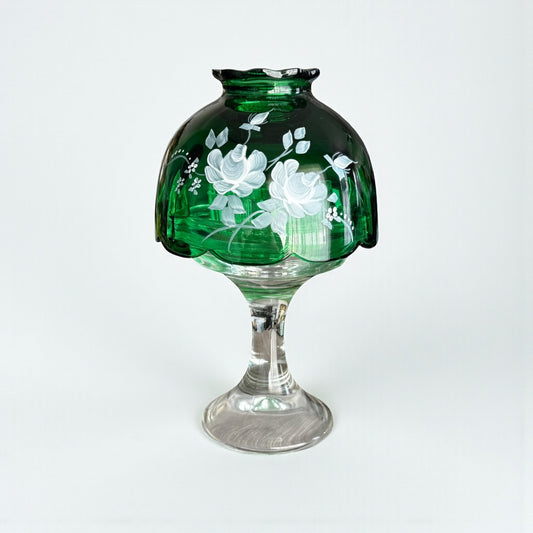 Fenton Emerald Green Hand-Painted Fairy Lamp on Pedestal – Signed Art Glass Floral Design