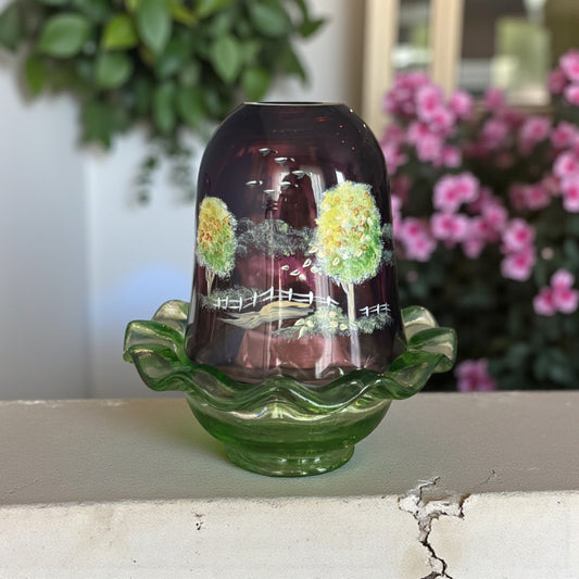Fenton Summer Meadows hand-painted fairy lamp with green glass base and plum shade