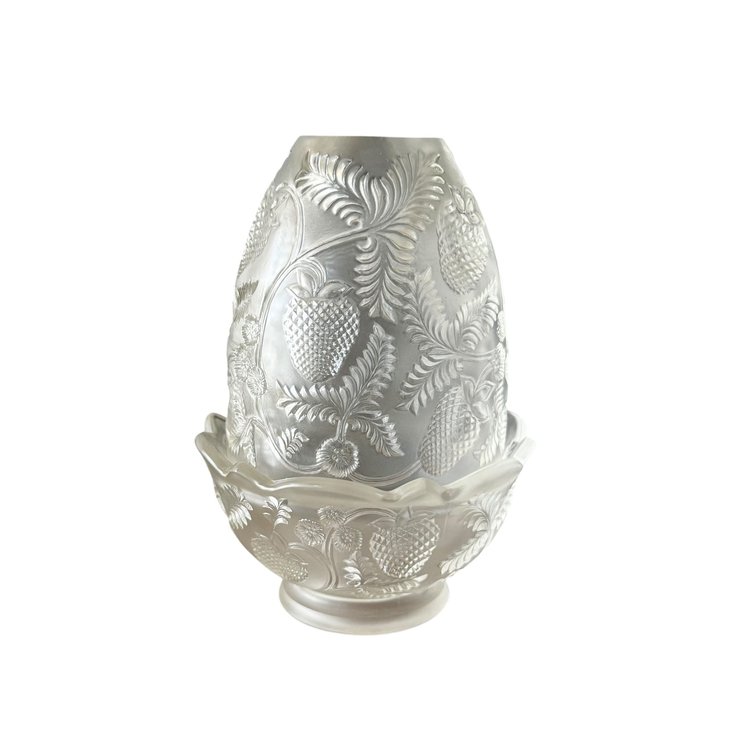 Clear satin Fenton art glass fairy light showing textured strawberry motif