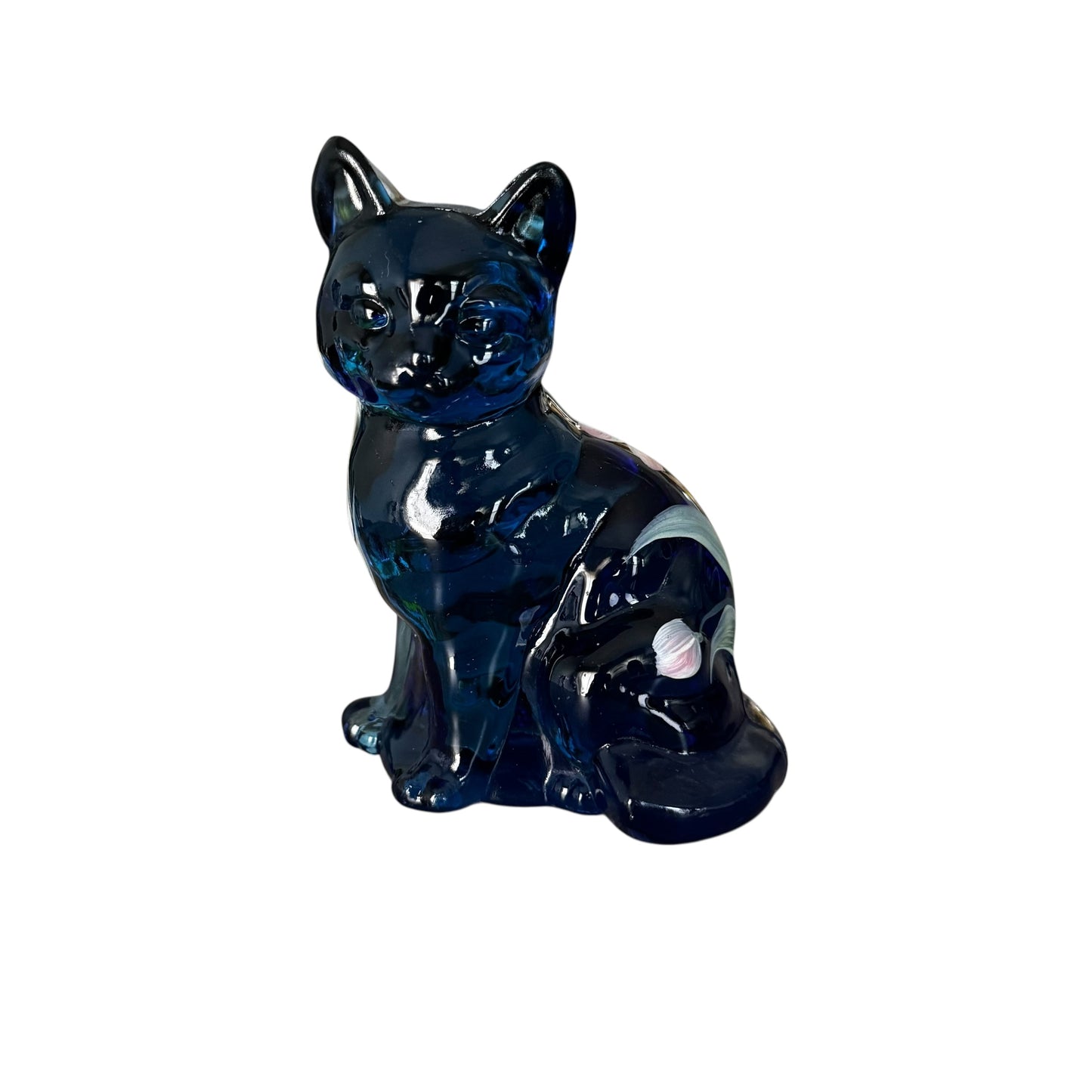 Fenton Deep Blue Hand-Painted Lily Sitting Cat Figurine – Signed Vintage Art Glass Collectible