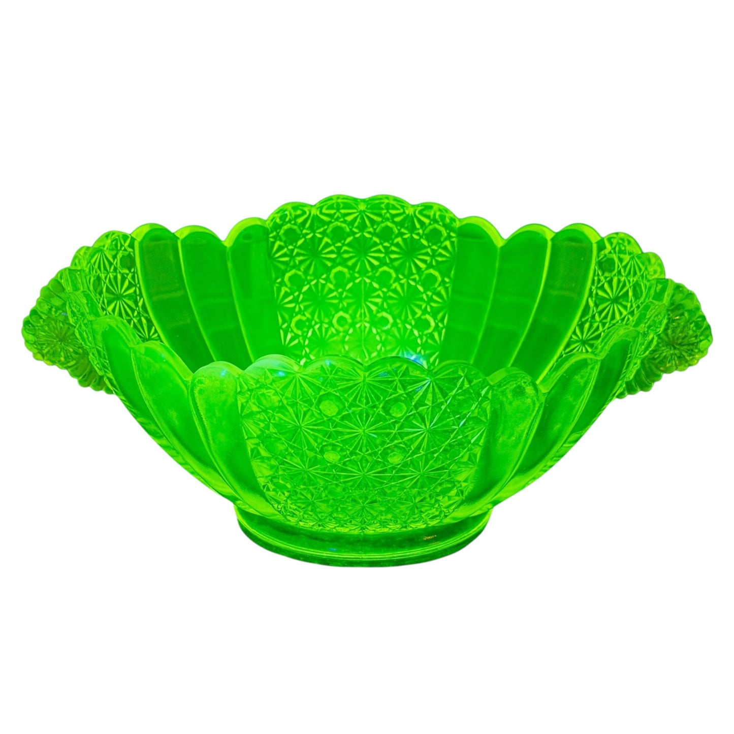 Fenton Daisy and Button topaz vaseline opalescent uranium glass fruit serving bowl under UV