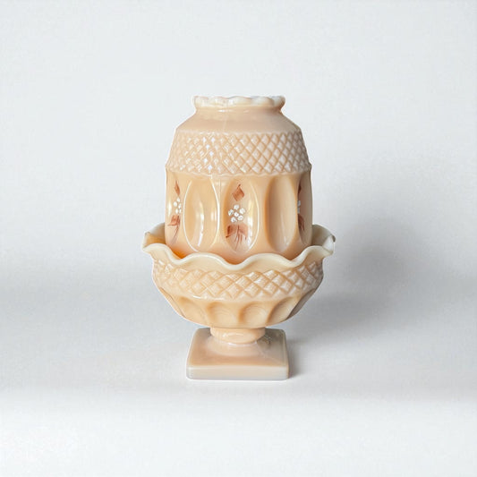 Westmoreland almond milk glass fairy lamp with pedestal base and floral decoration