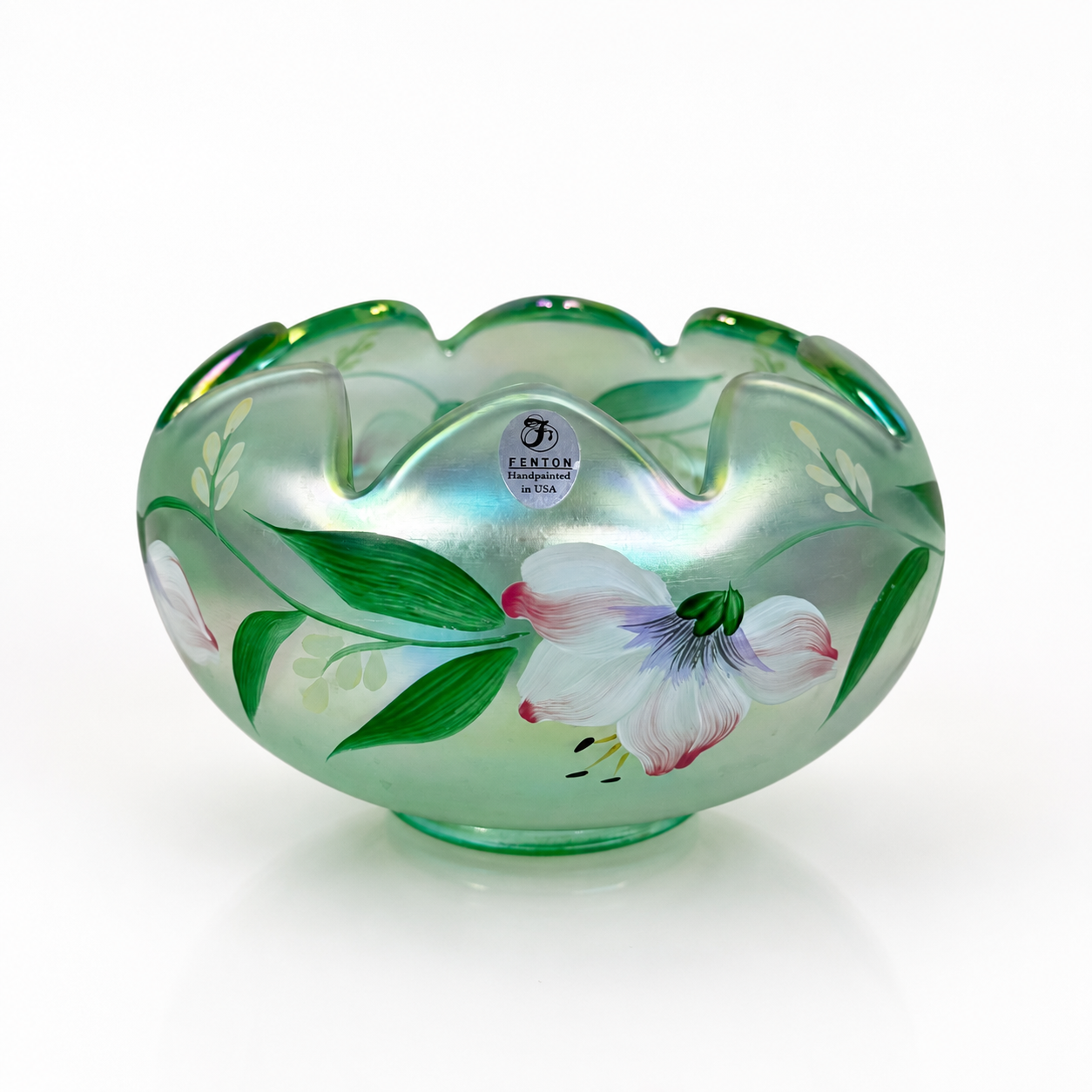 Fenton Museum Collection green iridescent floral rose bowl