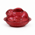 Indiana Glass cranberry Bunny on Nest covered dish