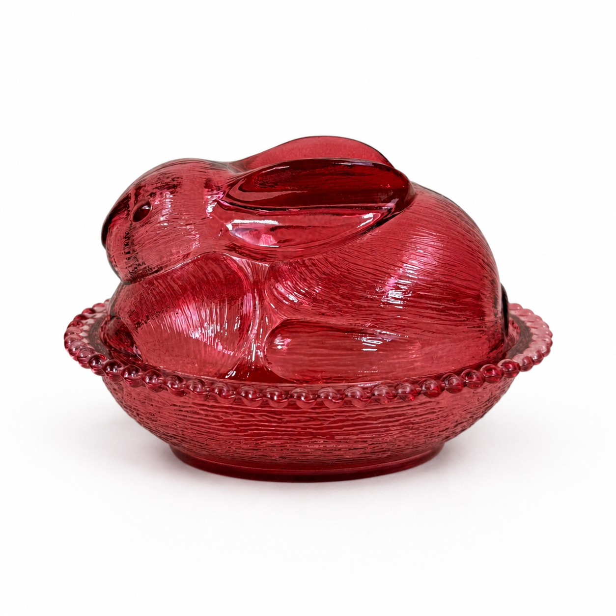 Indiana Glass cranberry Bunny on Nest covered dish