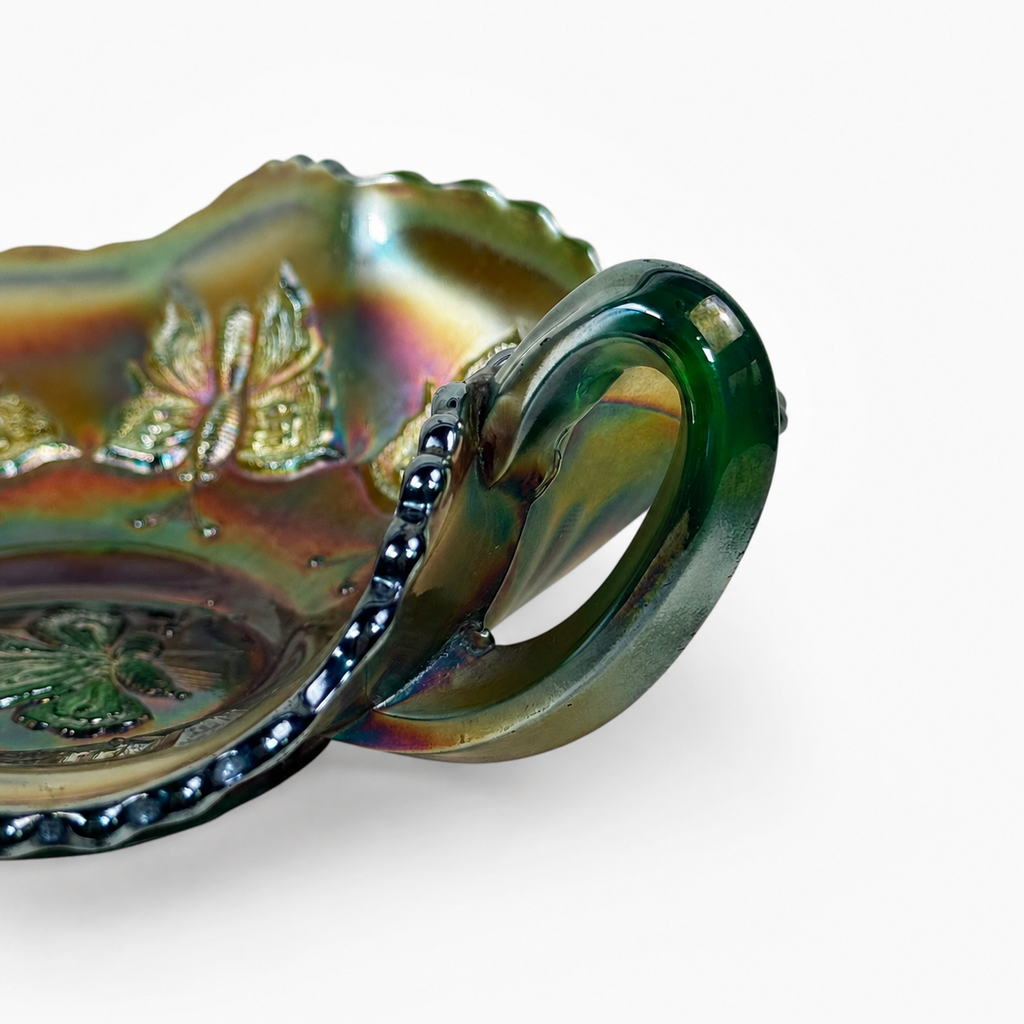 Antique Fenton Butterflies pattern carnival glass bowl in iridescent green