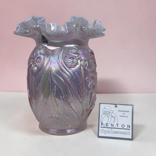 Fenton Pink Opalescent Daffodil Vase with Iridescent Ruffled Rim