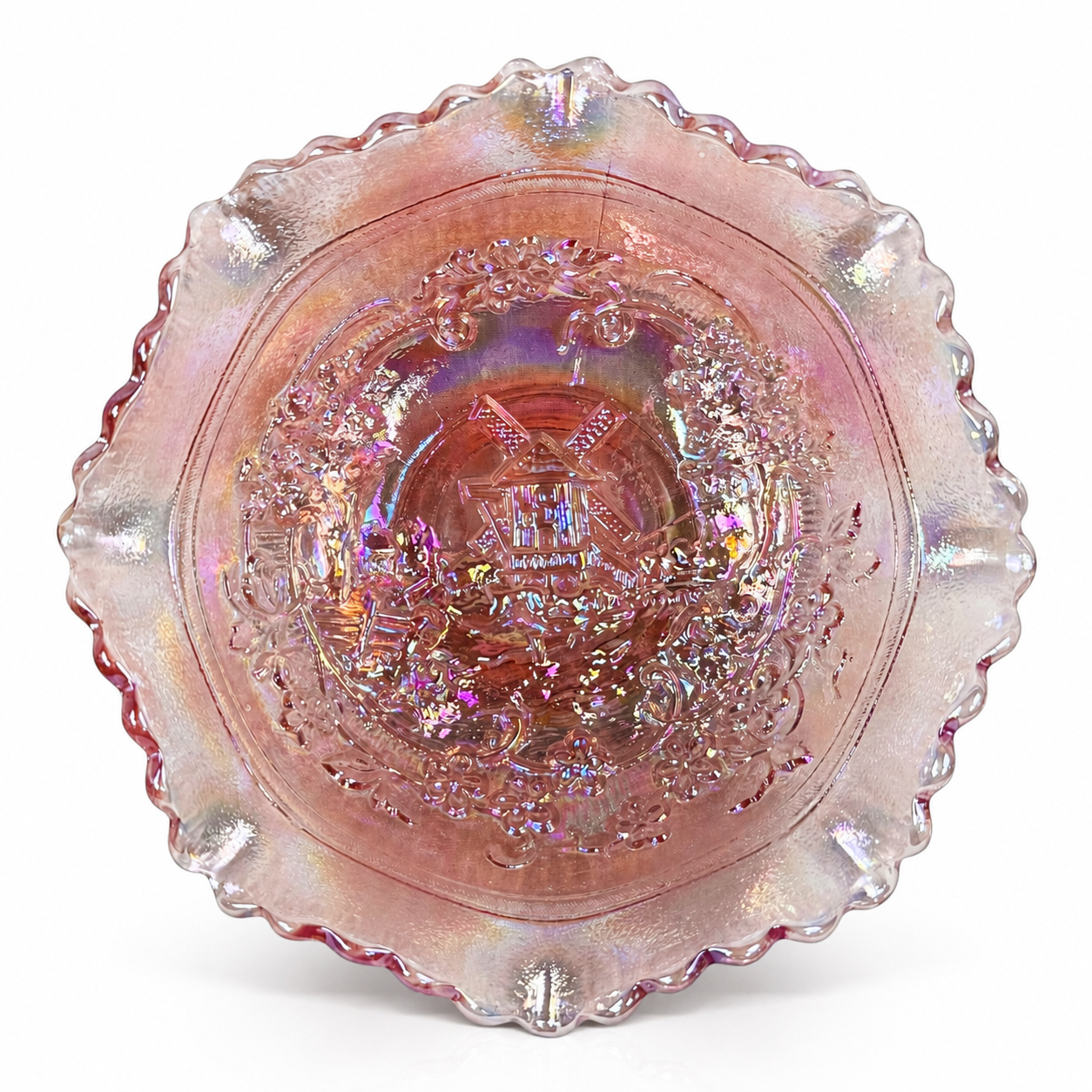 Imperial Glass Windmill pink carnival glass ruffled bowl