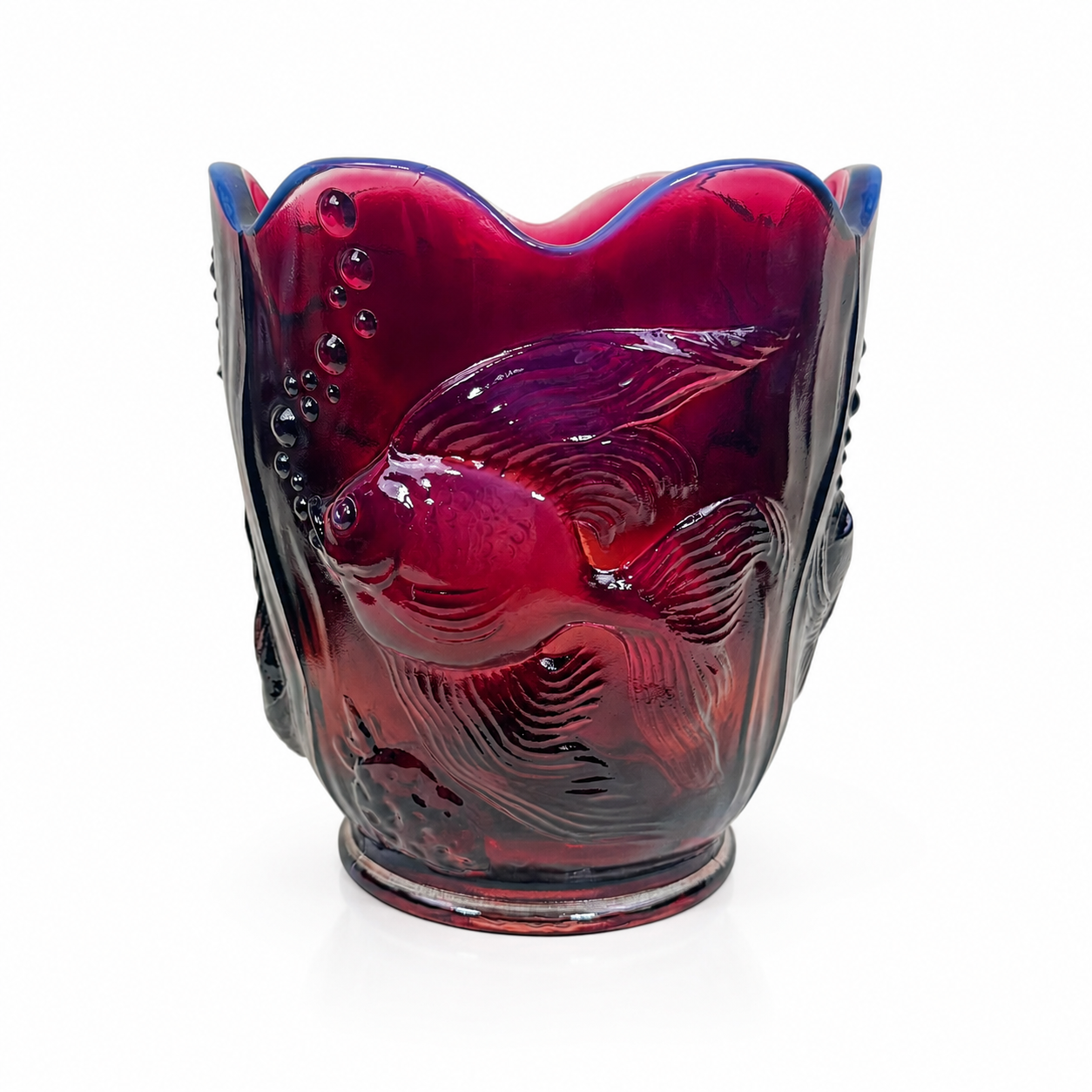 Fenton Koi Atlantis vase in plum opalescent art glass with molded fish design