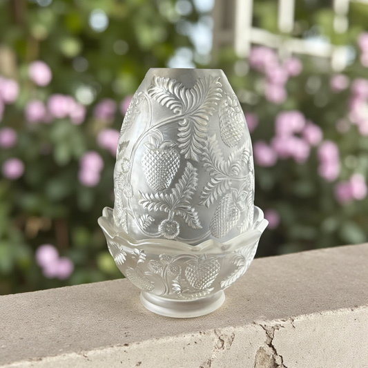 Fenton clear iridescent satin fairy lamp with Inverted Strawberry pattern