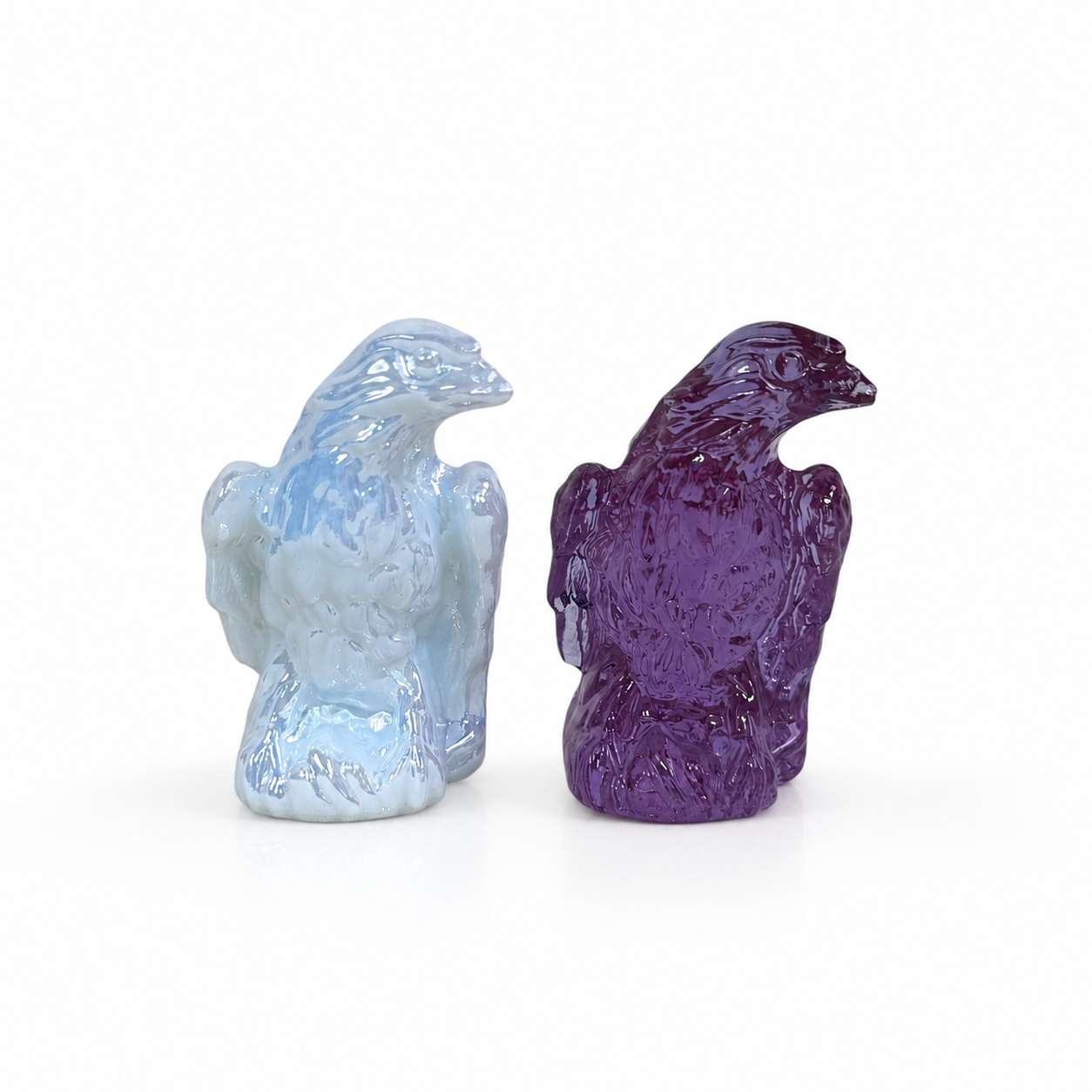 Boyd Glass eagle figurines in amethyst purple and snow white glass