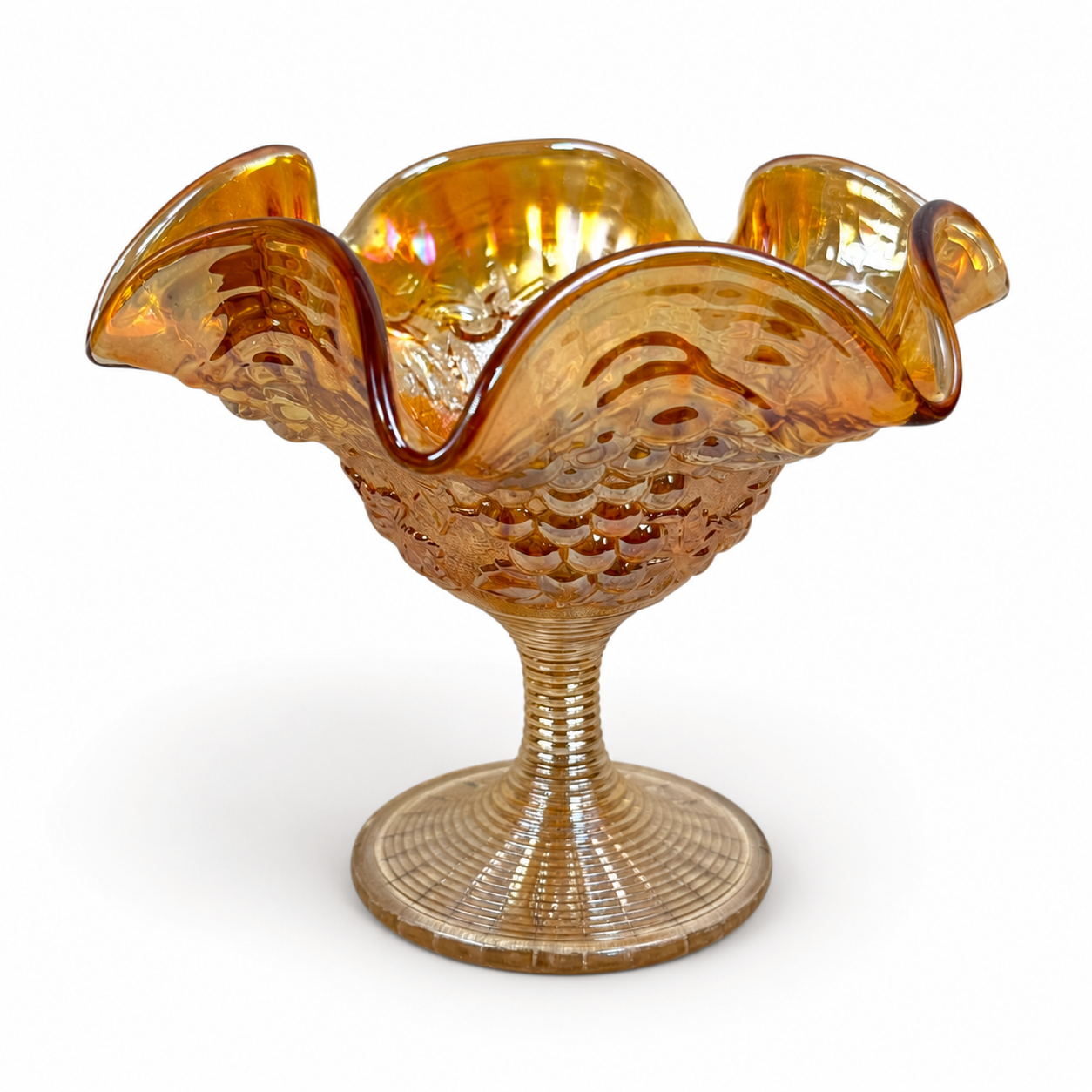 Fenton Marigold Carnival Glass Grape Delight ruffled compote