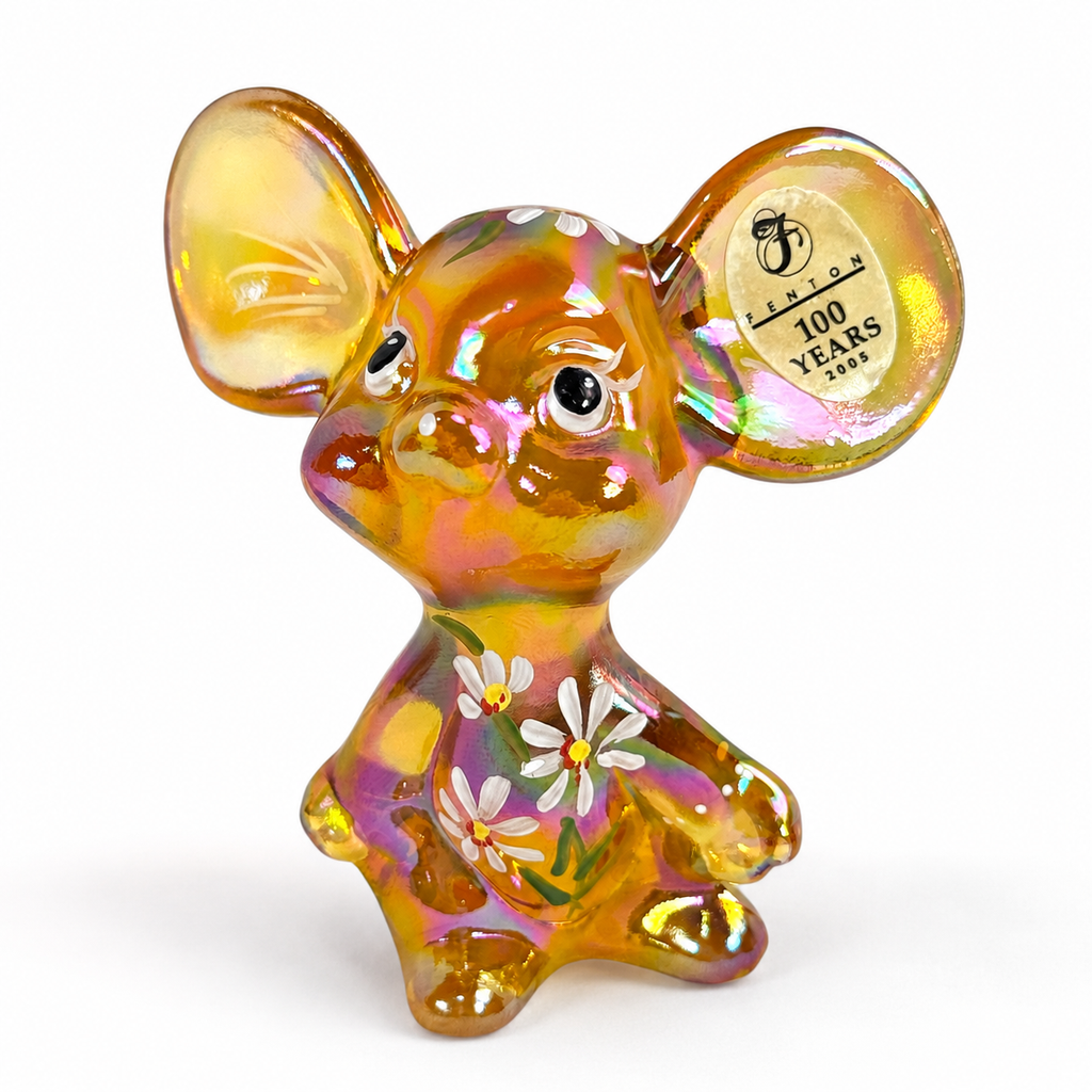 Fenton Autumn Gold iridescent mouse with hand-painted daisies