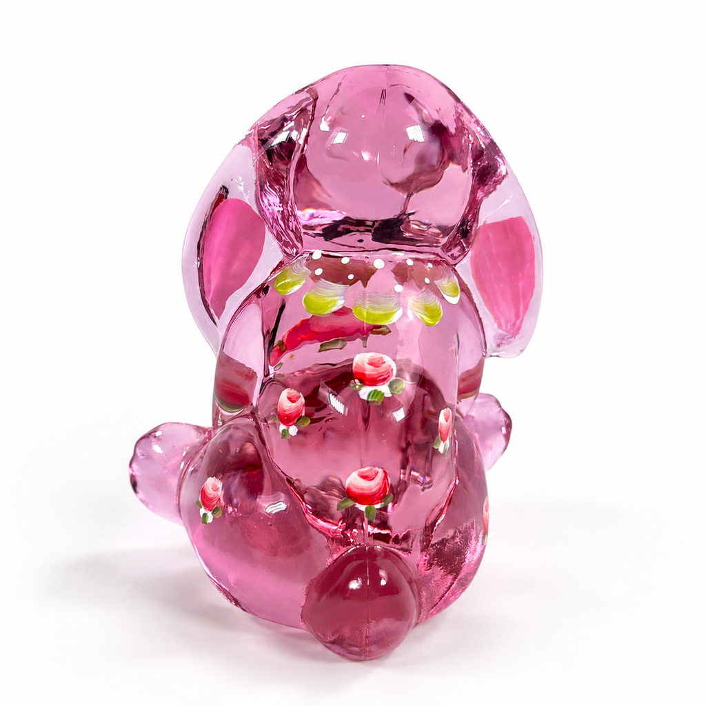 Pink Fenton glass lop-eared rabbit with painted roses