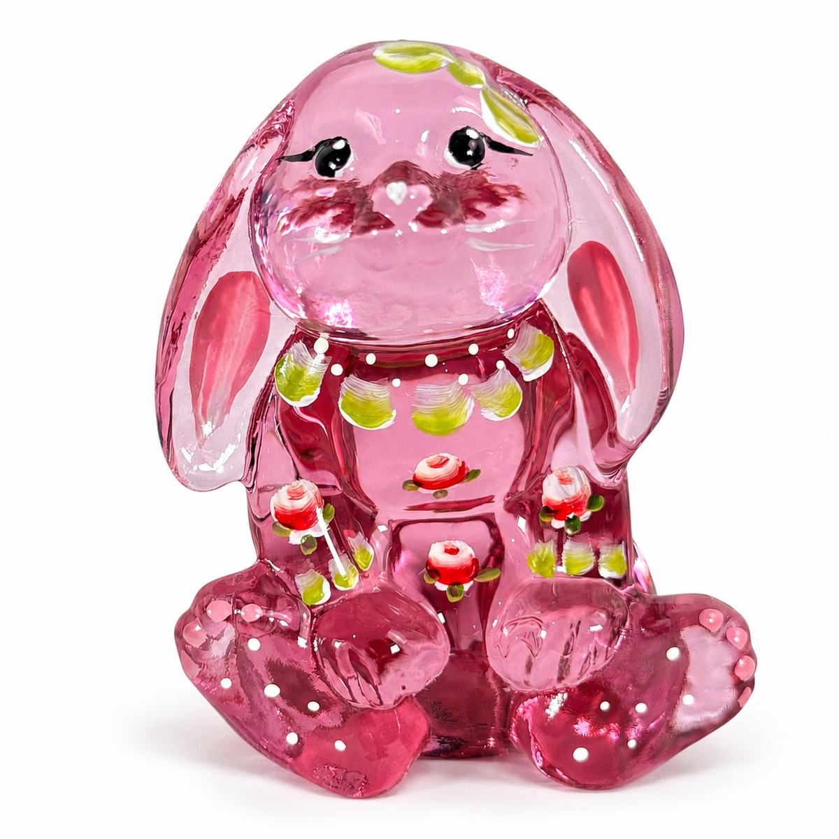 Fenton Madras Pink hand-painted floral bunny figurine