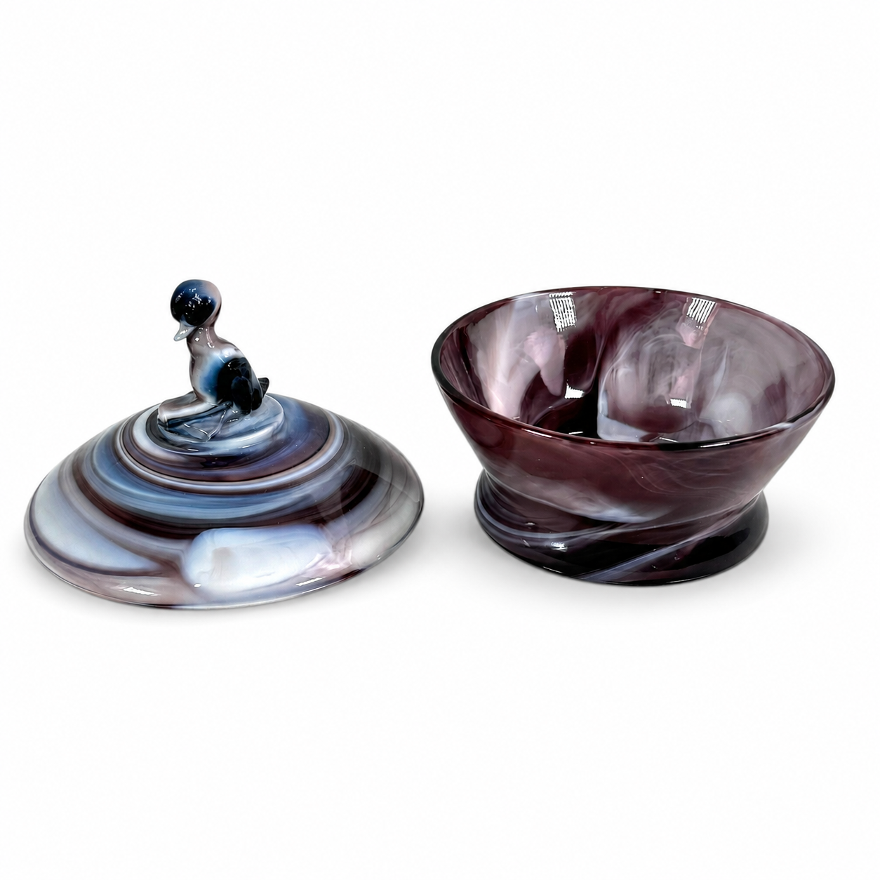 Imperial Glass Purple Slag Duck Finial Covered Jar | Vintage Marbled Art Glass Candy Dish