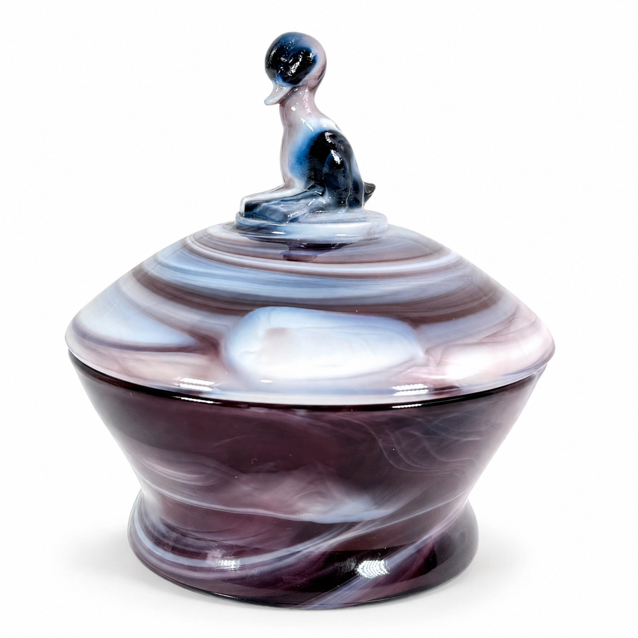 Imperial Glass Purple Slag Duck Finial Covered Jar | Vintage Marbled Art Glass Candy Dish