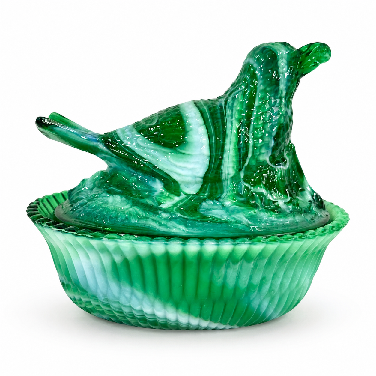 Summit Art Glass green and white slag bird on nest