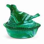 McKee mold green slag glass bird covered dish