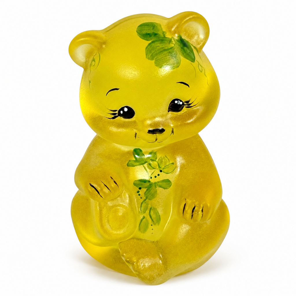 Signed Fenton yellow glass bear with original box
