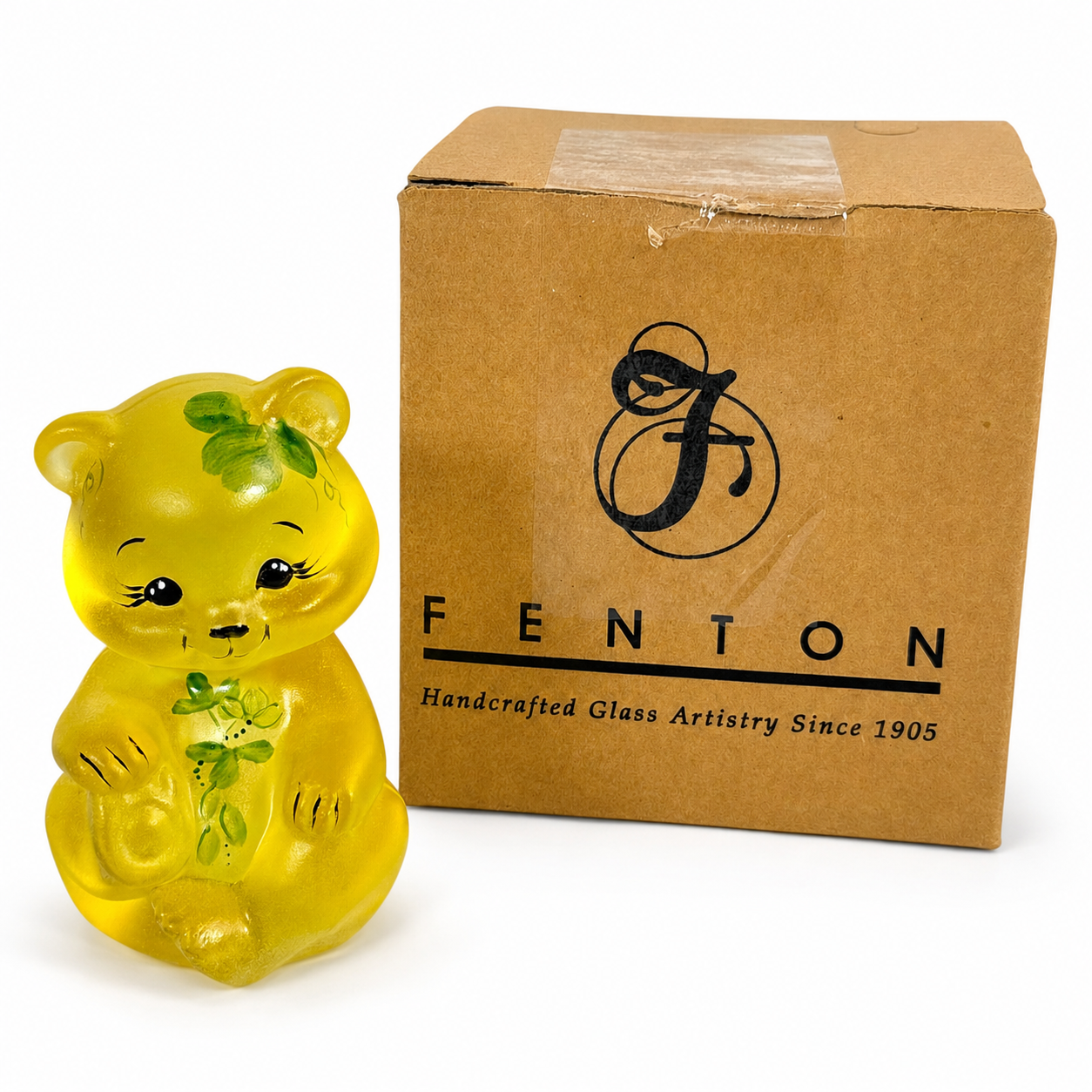 Fenton Yellow Satin Bear figurine with hand painted shamrocks