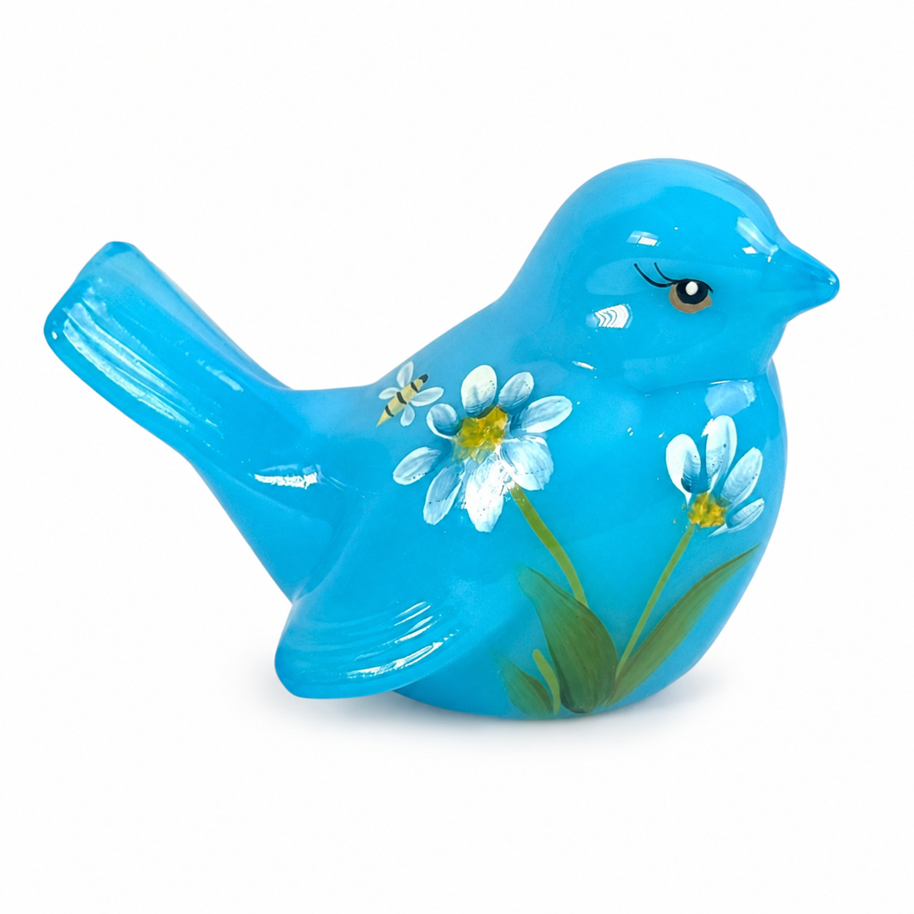 Fenton Blue Bird Figurine Hand Painted Daisy Art Glass Signed with Original Box