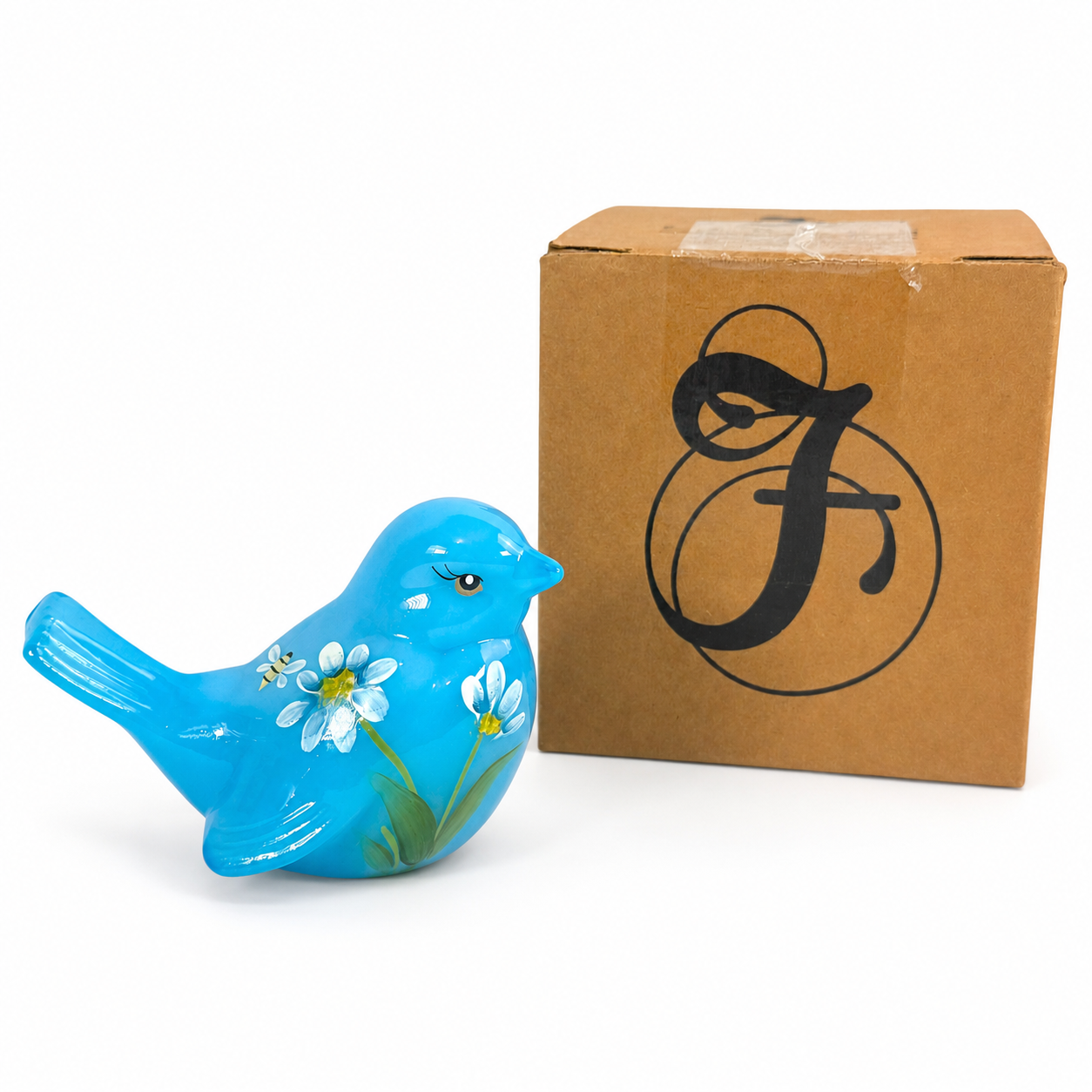 Fenton Blue Bird Figurine Hand Painted Daisy Art Glass Signed with Original Box