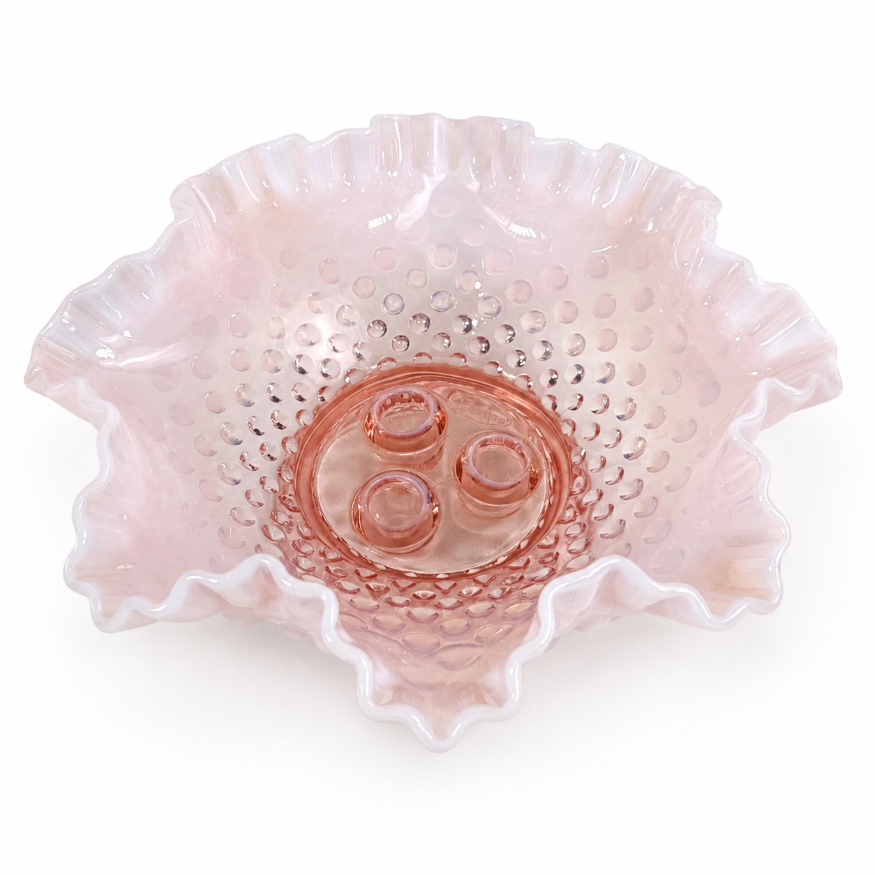 Pink opalescent Fenton epergne with three ruffled horns