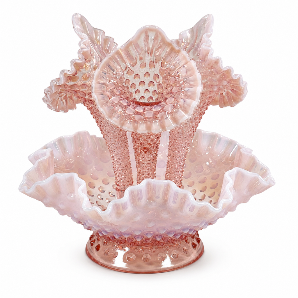 Fenton Pink Hobnail Opalescent 3 Horn Epergne vase