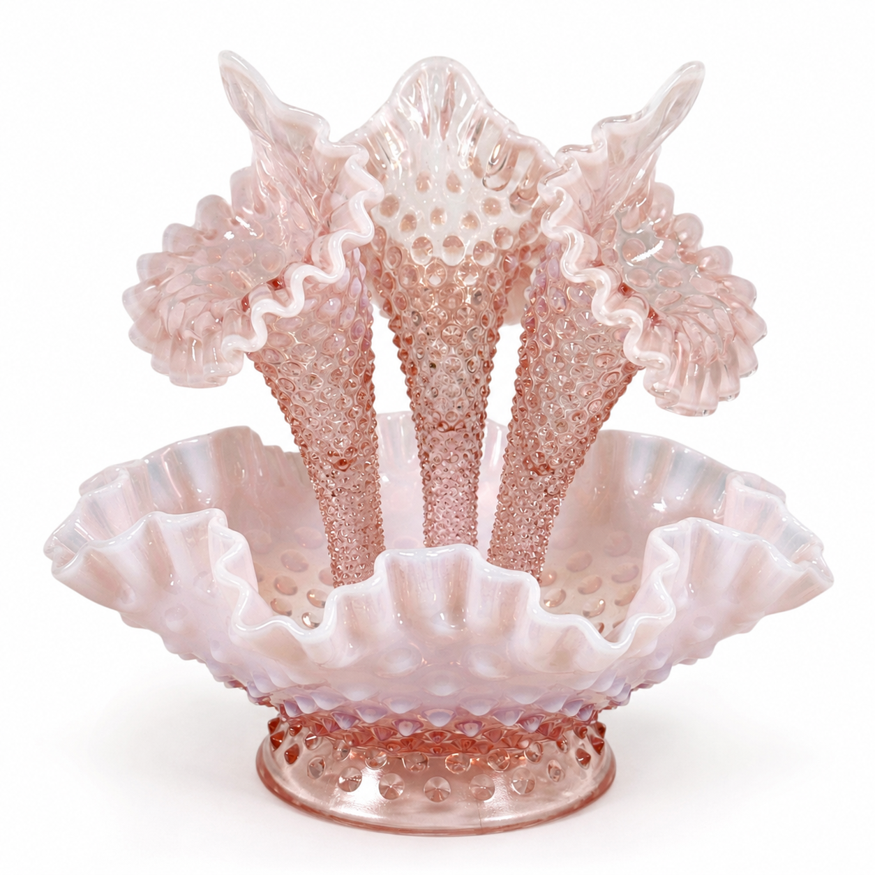 Vintage stamped Fenton pink hobnail art glass centerpiece
