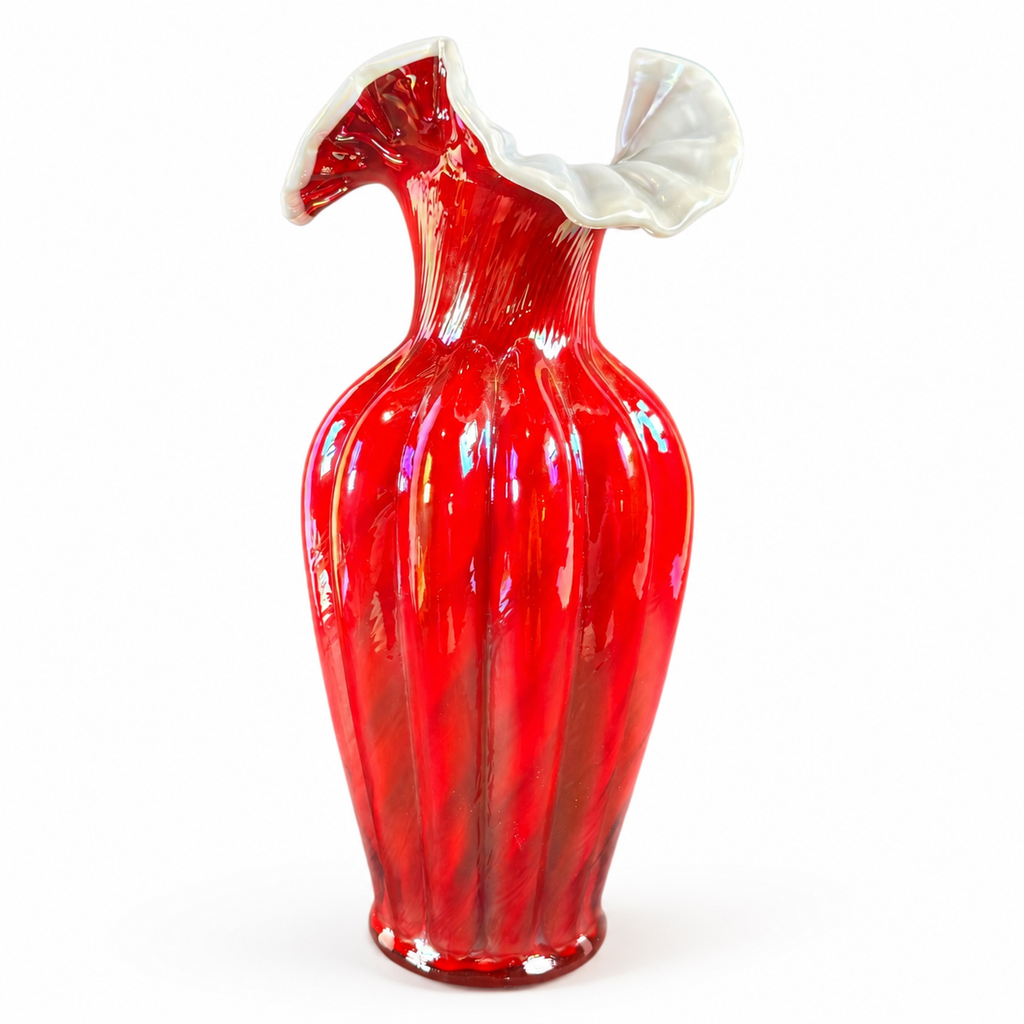 Fenton Ruby Red Carnival Spiral Optic Melon Vase family signed