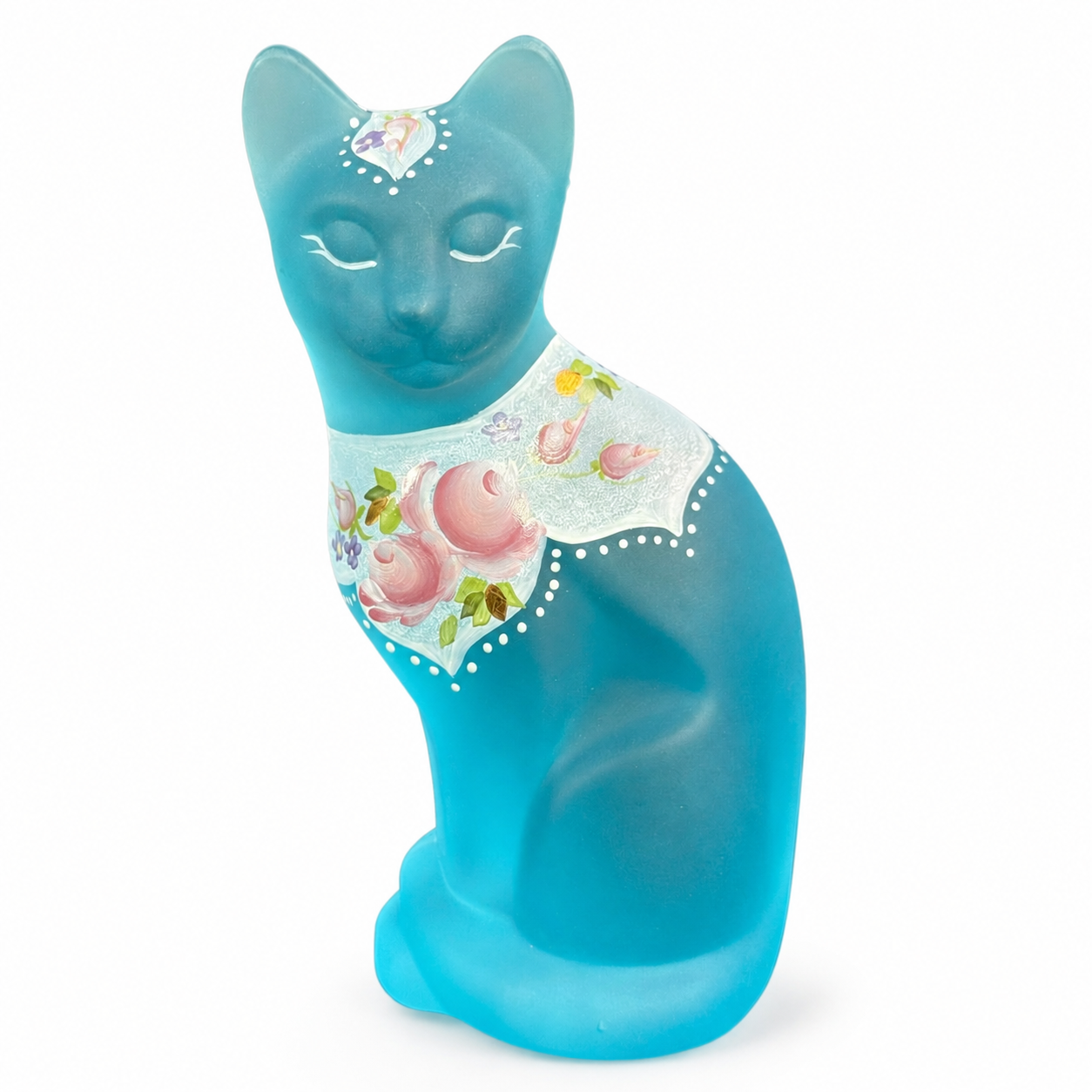 Signed Fenton Blue Topaz satin cat with original box