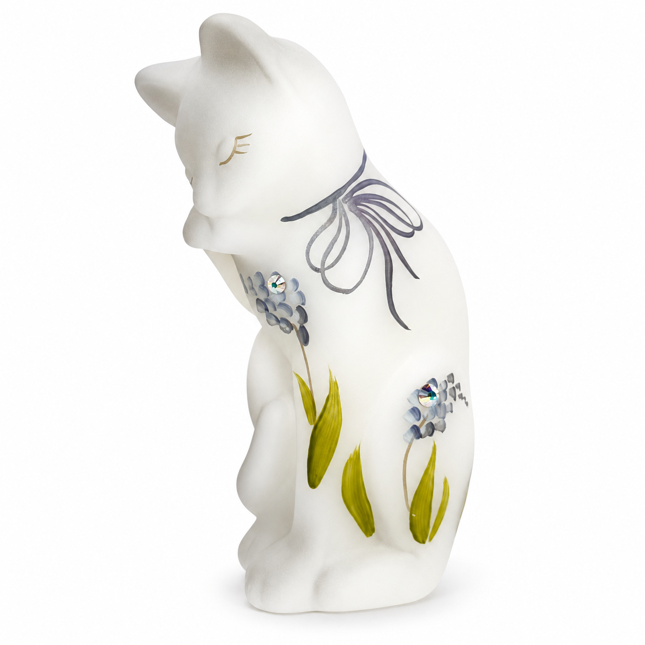 Fenton White Satin Grooming Kitty hand painted cat figurine