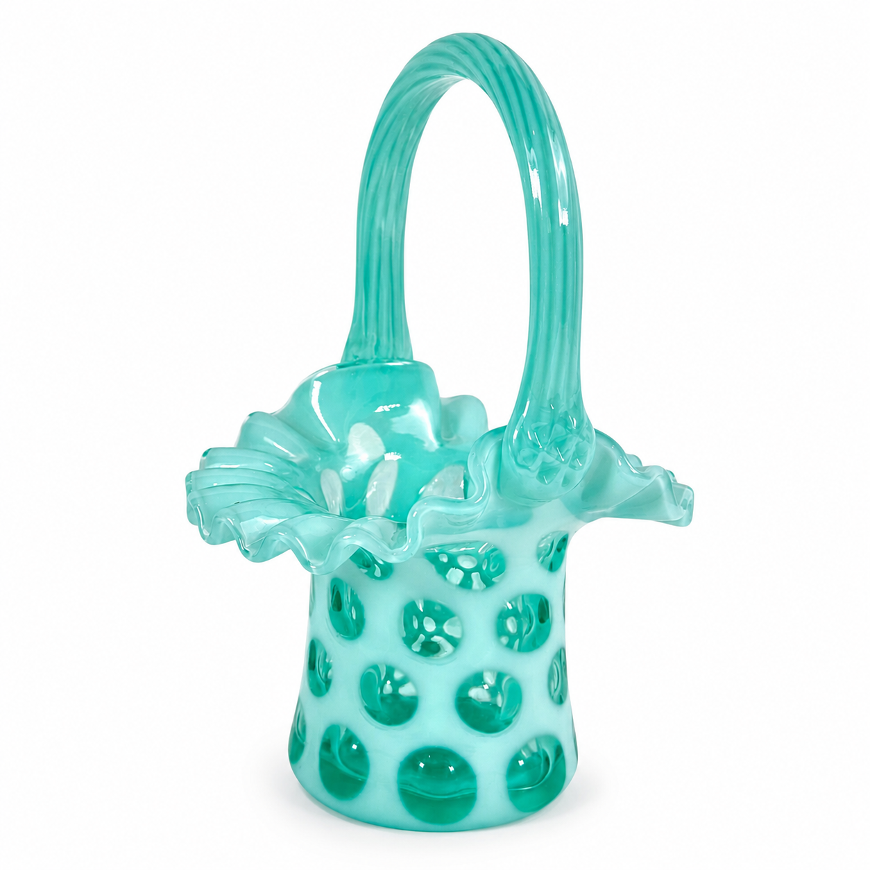 Fenton Teal Blue Opalescent Coin Dot basket with spiral handle